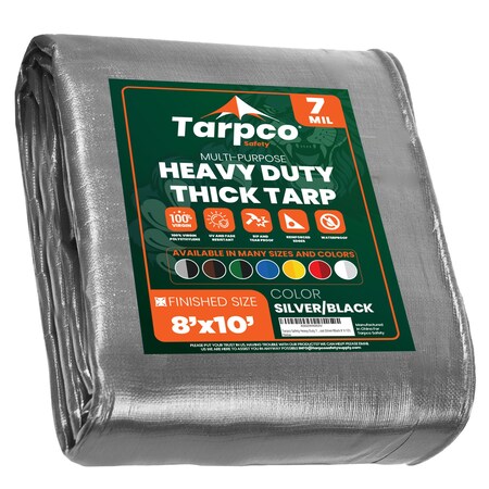 Tarpco Safety Heavy Duty Tarp, 10 ft L x 0.5 mm H x 8 ft W, 7 Mil, Silver/Black, Polyethylene TS-201-8X10